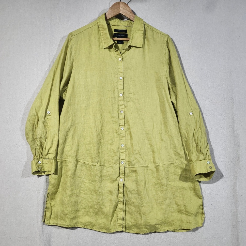 Tahari Womens 1X Chartreuse Green 100% Linen Roll Tab Tunic Button Down Shirt